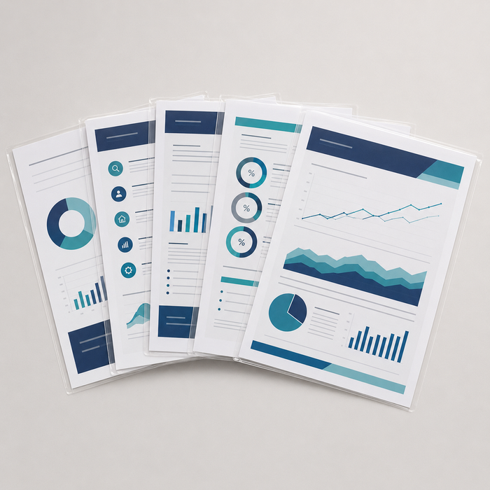 Five A4 documents with clear gloss lamination hero view