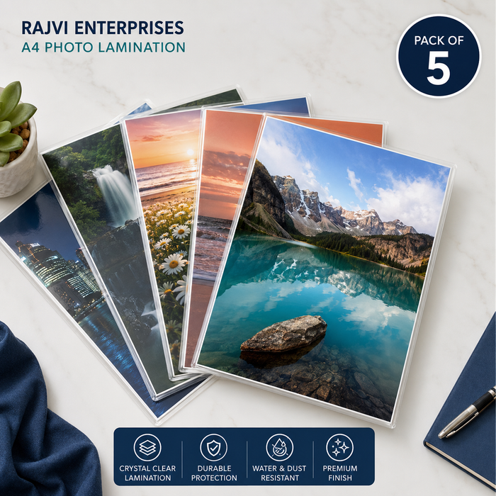 Five premium A4 laminated photo prints arranged in a hero view