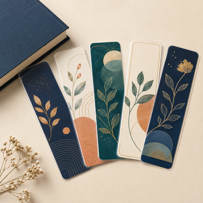 Five premium laminated bookmarks arranged beside a hardcover book