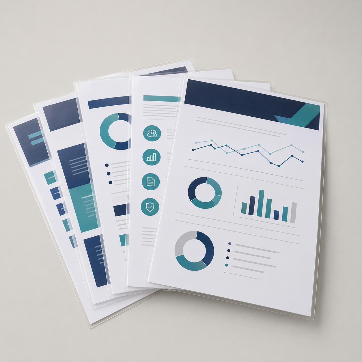 Five A3 documents with clear gloss lamination hero view