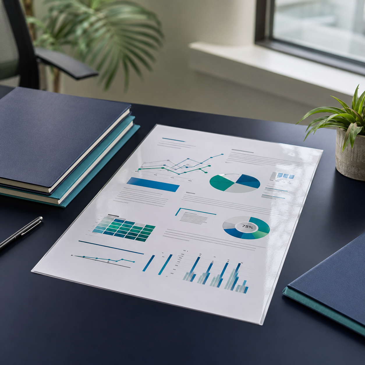 Laminated A3 business document in a professional workplace