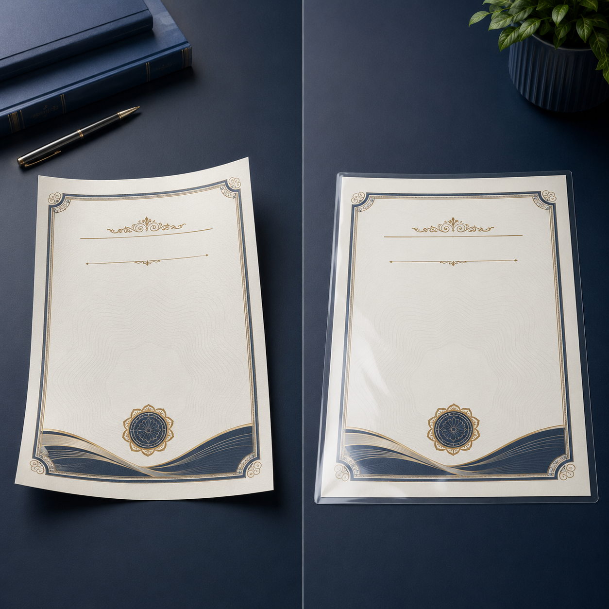 Before and after comparison of A4 certificate lamination