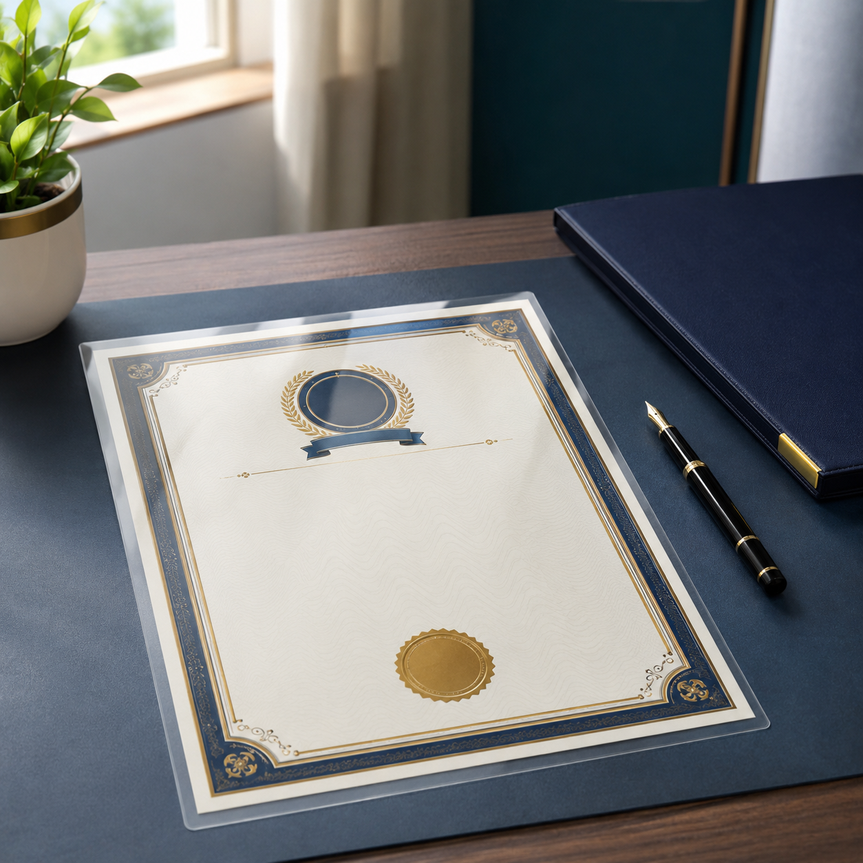 Laminated A4 certificate in a professional office setting