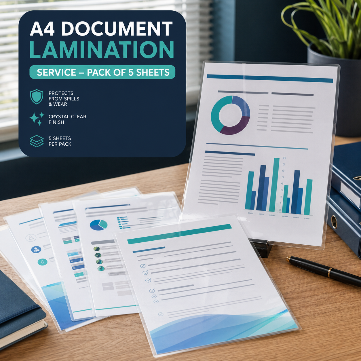 Laminated A4 business documents in a professional workplace