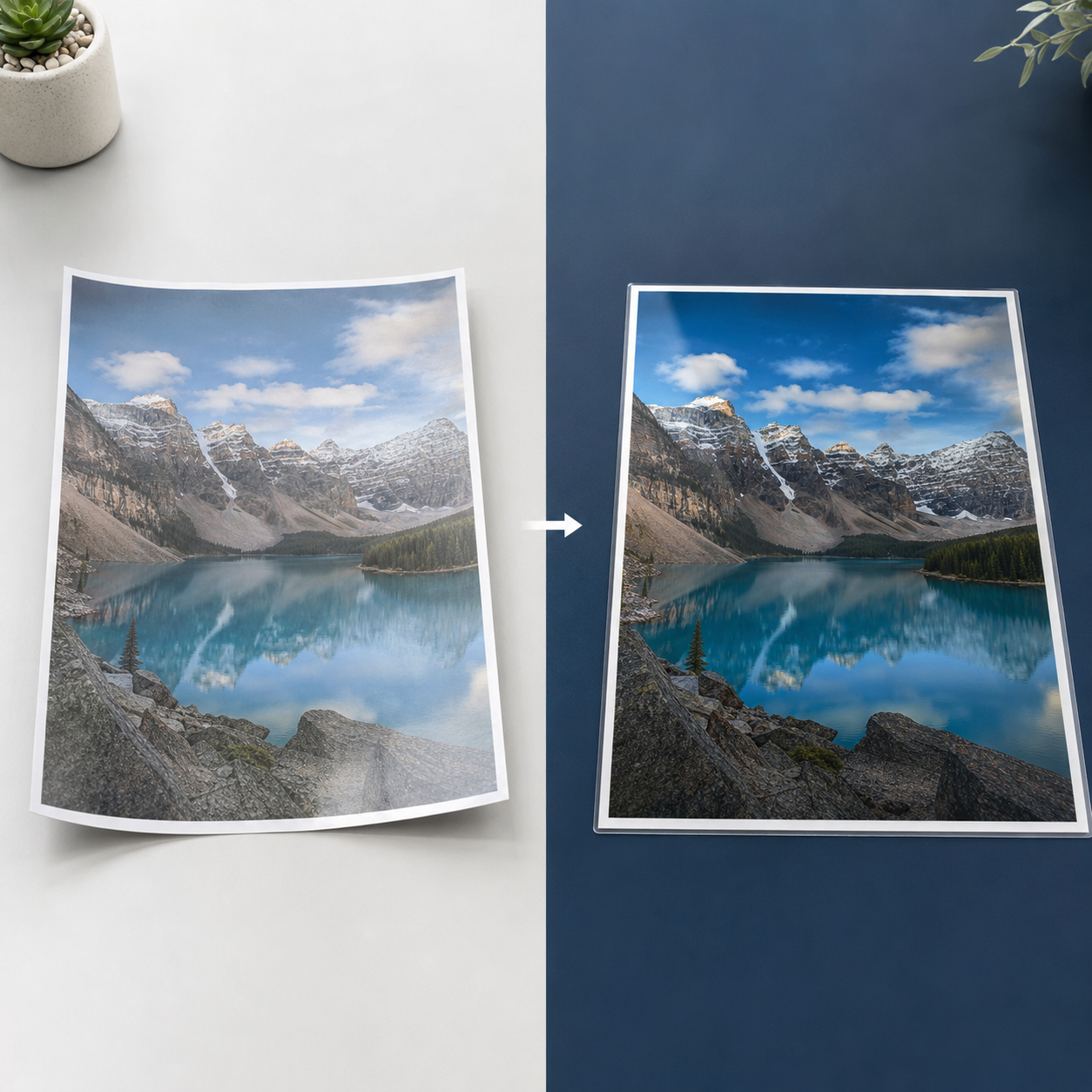 Before and after comparison of an A4 photo lamination