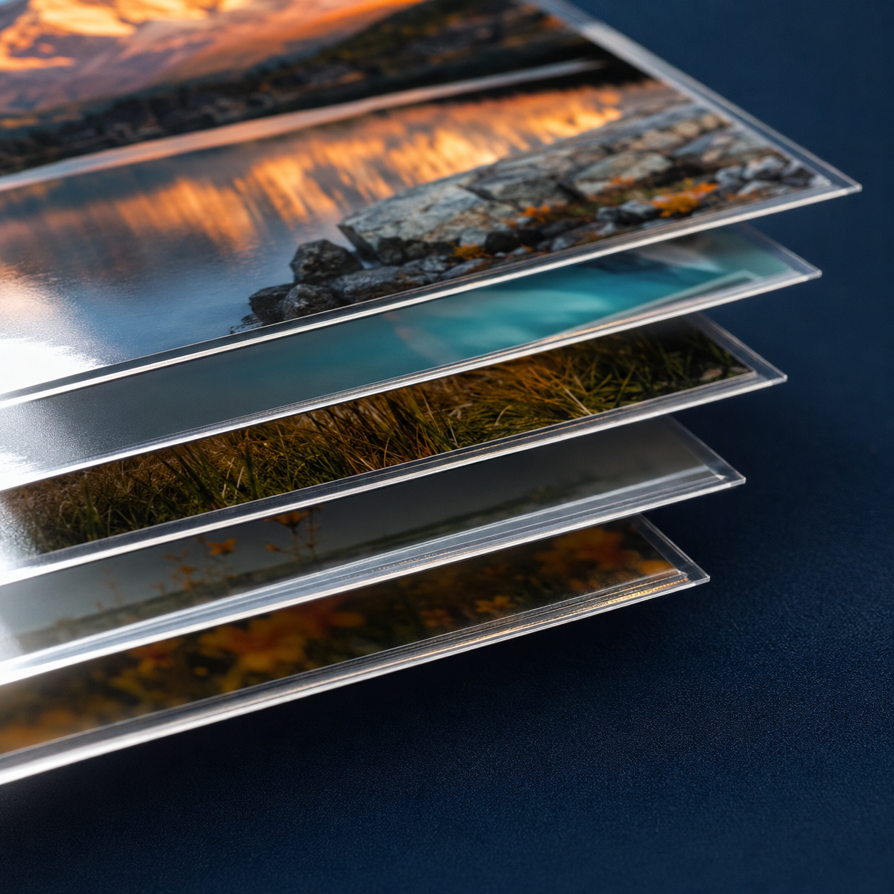 Close-up of glossy sealed edges on stacked A4 laminated photos