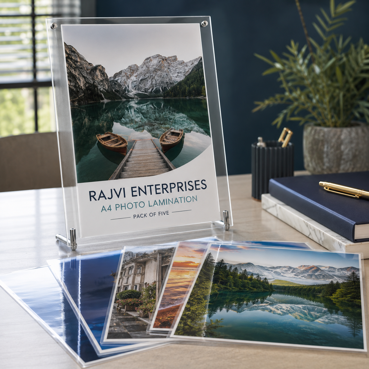 A4 laminated photographs displayed in a premium workspace