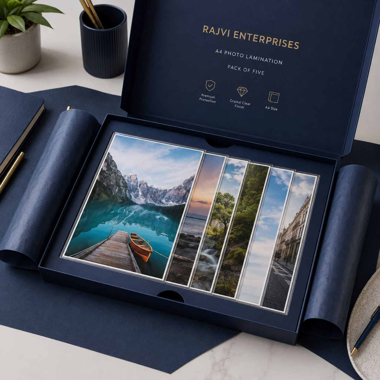 Premium protective packaging containing five A4 laminated photos