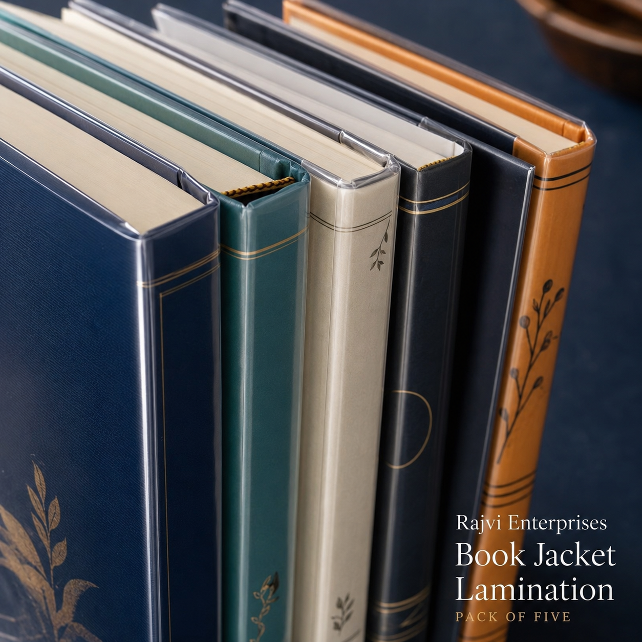 Close-up of protected corners and clear laminated book jacket edges