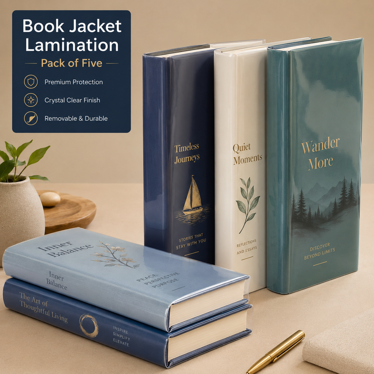 Five hardcover books with premium laminated book jackets
