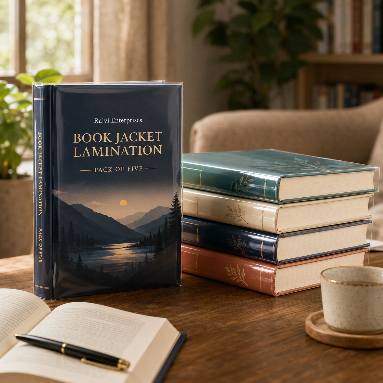 Laminated book jackets displayed in a refined reading room