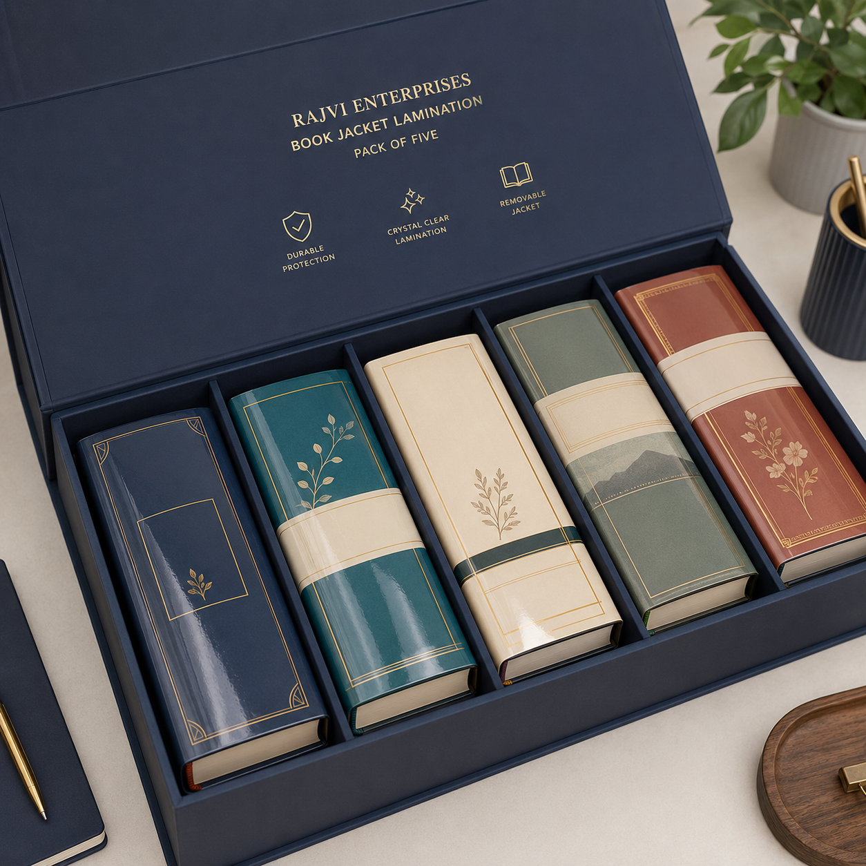 Premium packaging for five laminated book jackets