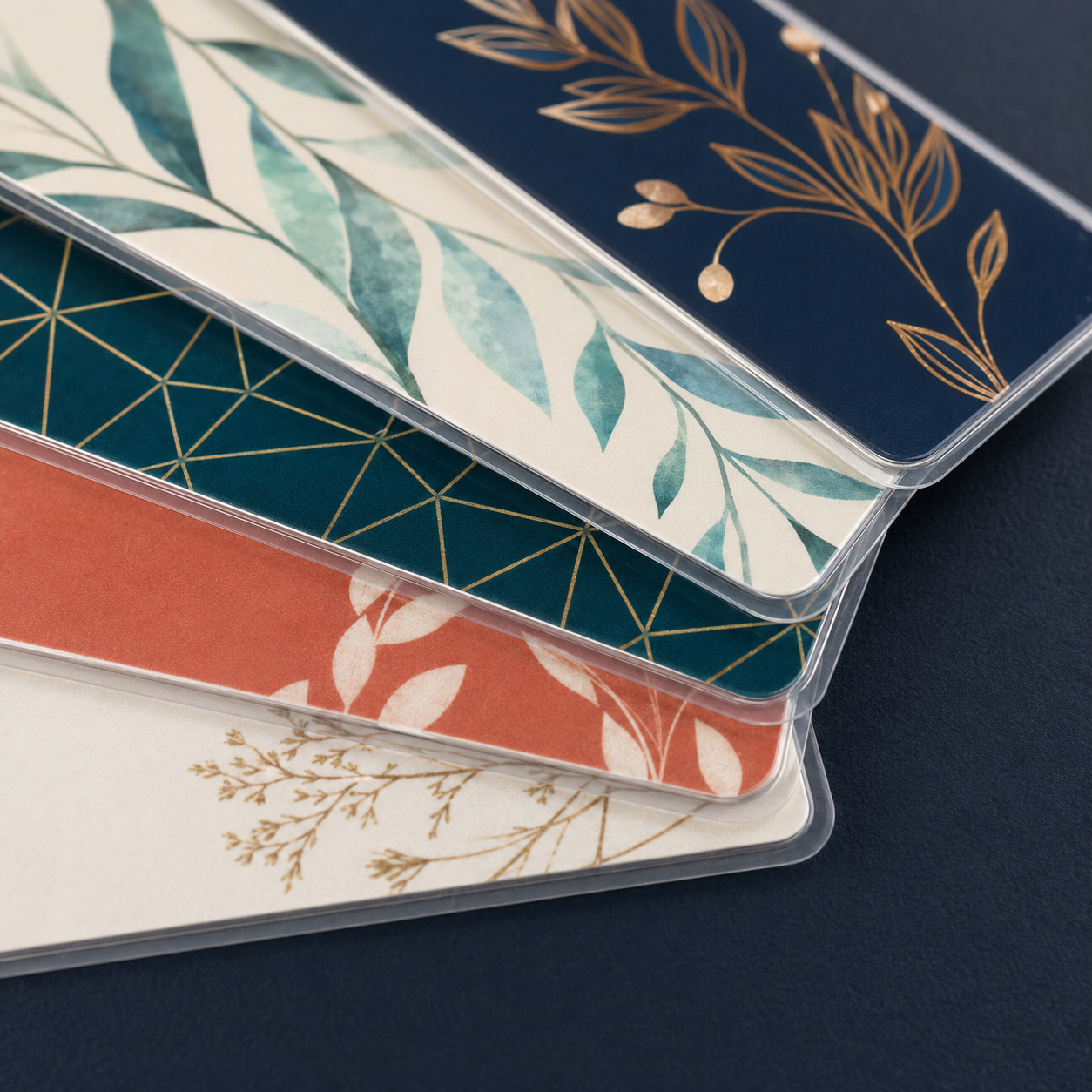 Close-up of rounded corners and clear sealed bookmark lamination edges