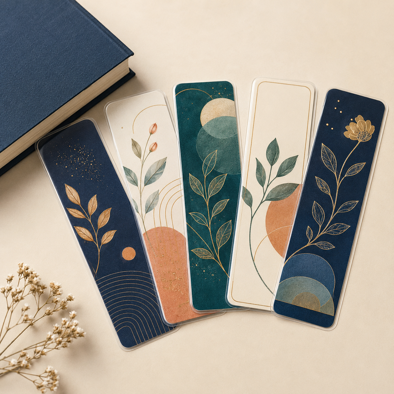 Five premium laminated bookmarks arranged beside a hardcover book