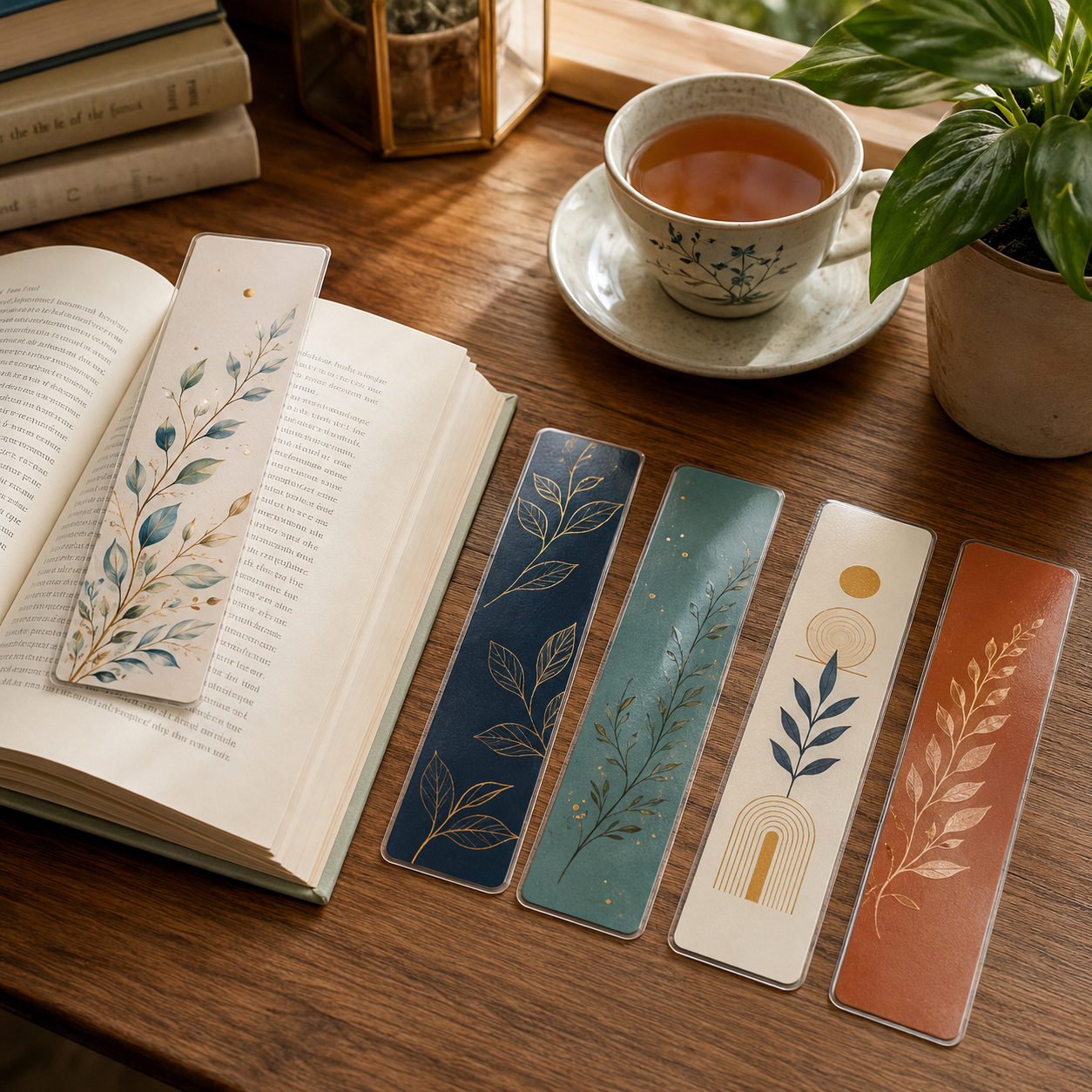 Laminated bookmarks used on a refined reading desk
