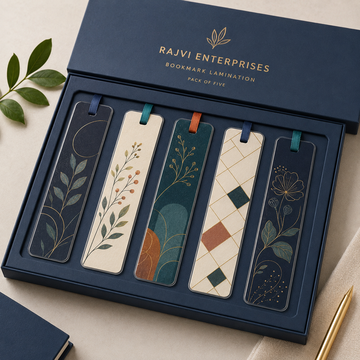 Premium presentation packaging containing five laminated bookmarks