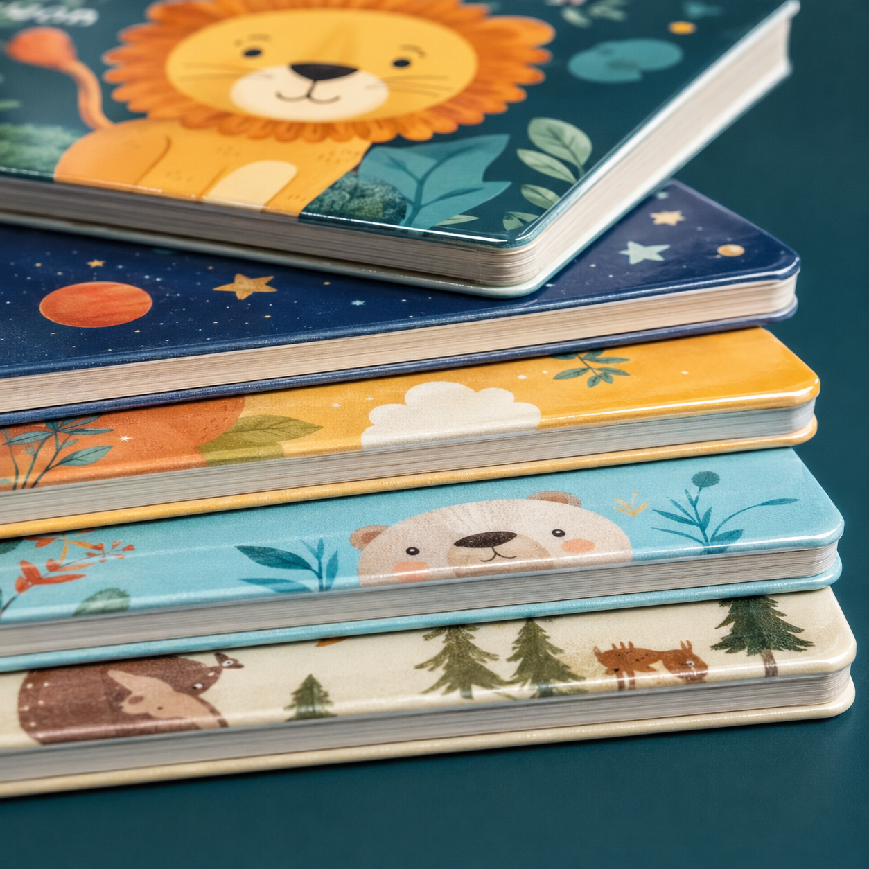 Close-up of rounded corners and sealed laminated children's book covers