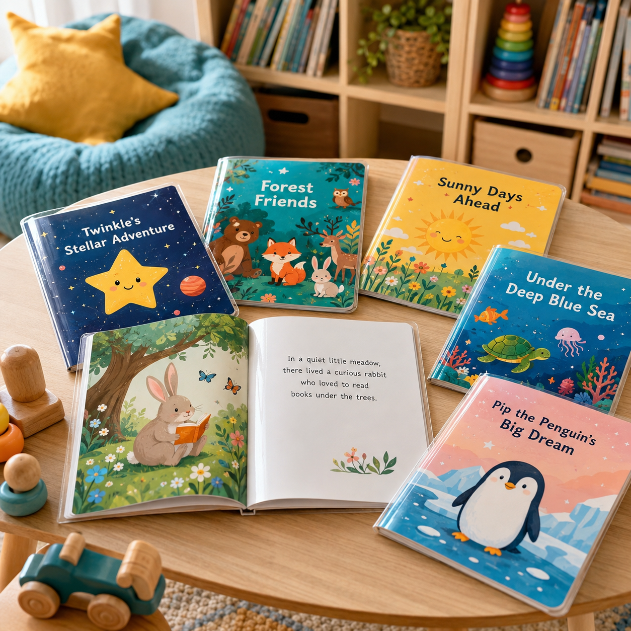 Laminated children's books in a cheerful reading corner