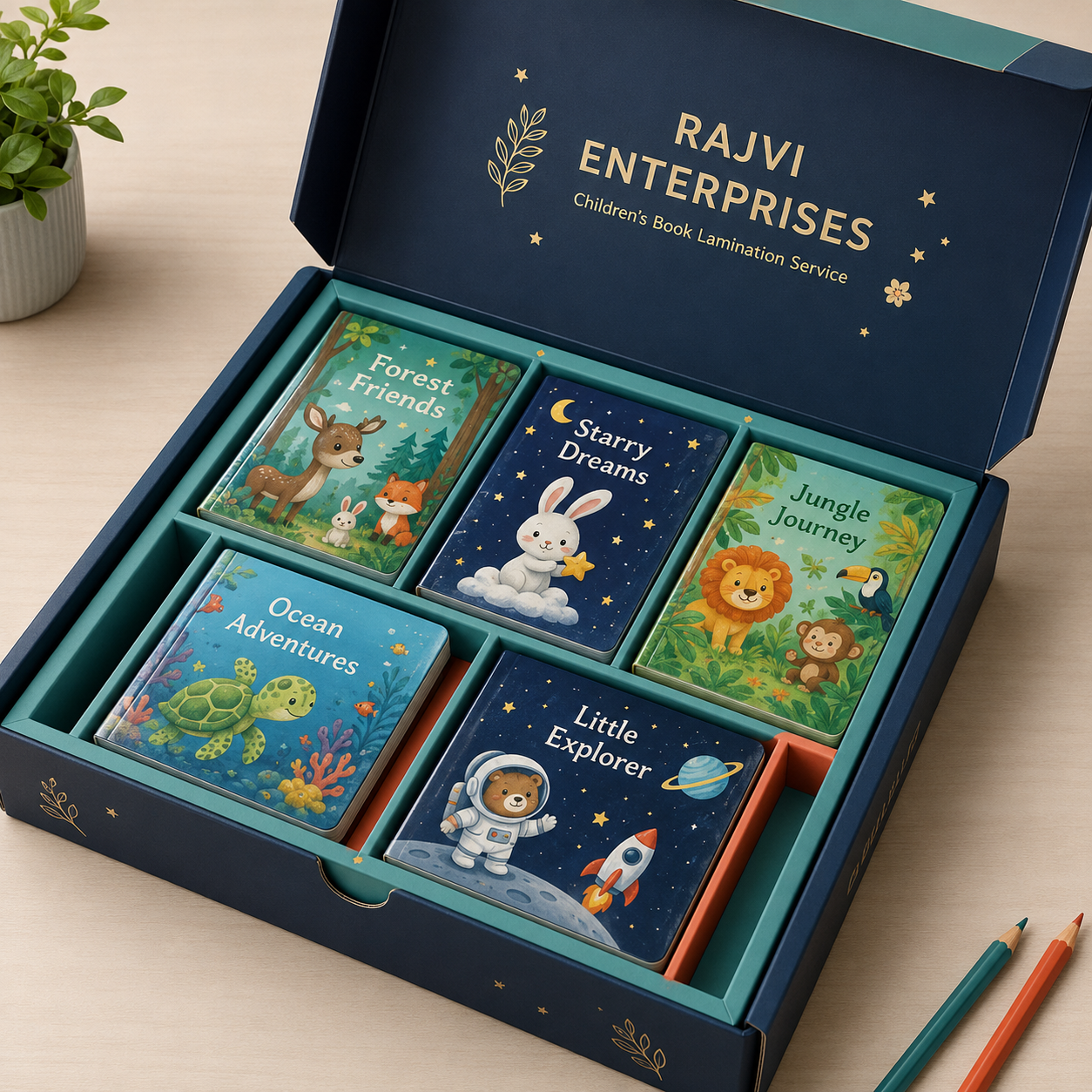 Premium protective packaging containing five laminated children's books