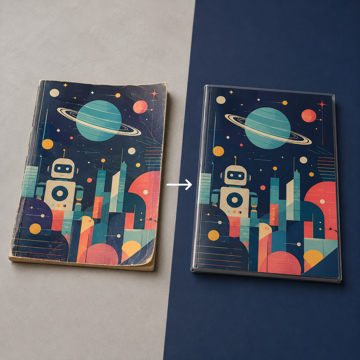 Before and after comparison of comic book cover lamination