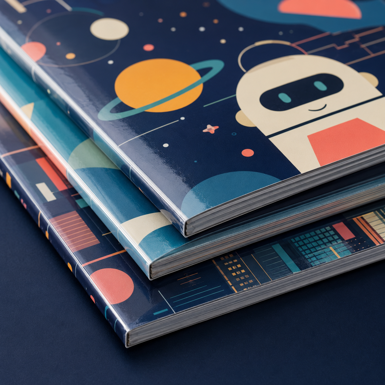 Close-up of glossy sealed edges on laminated illustrated booklets