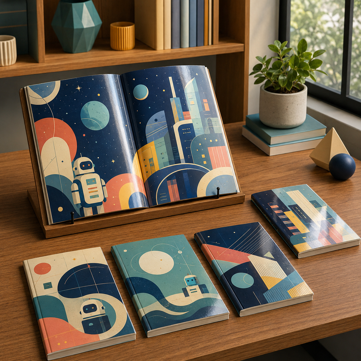 Laminated illustrated booklets on a stylish collector desk