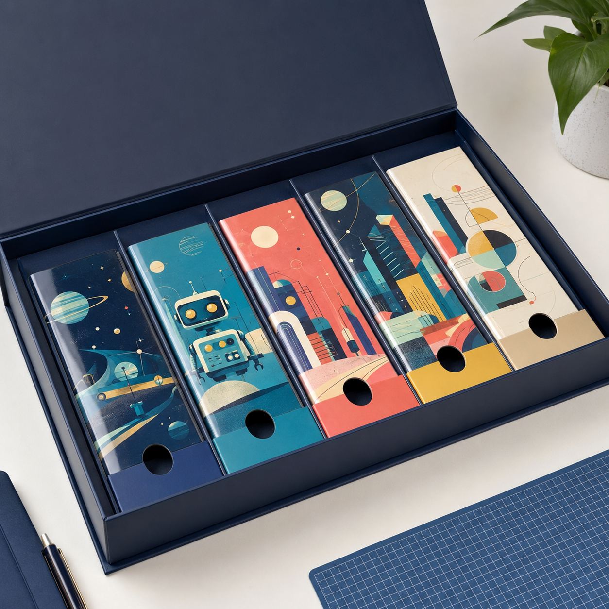 Premium packaging containing five laminated illustrated booklets