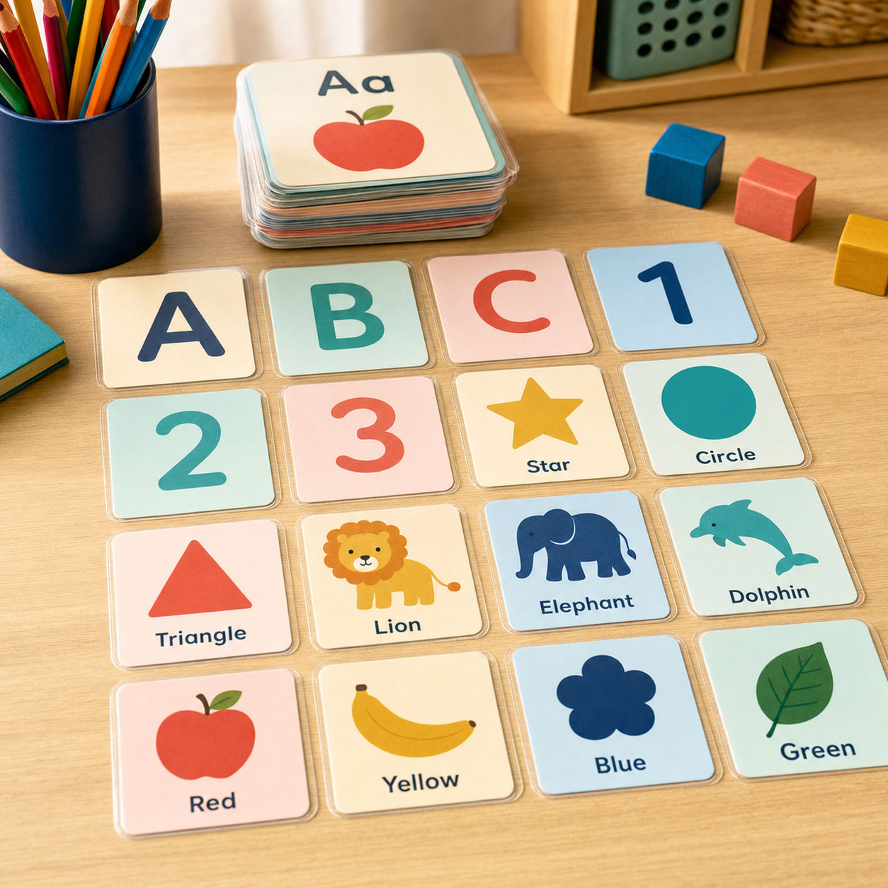Laminated educational flash cards arranged on a classroom table