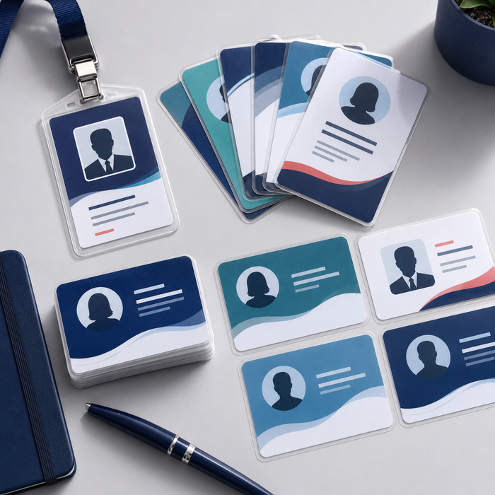 Ten fictional ID cards with professional clear lamination