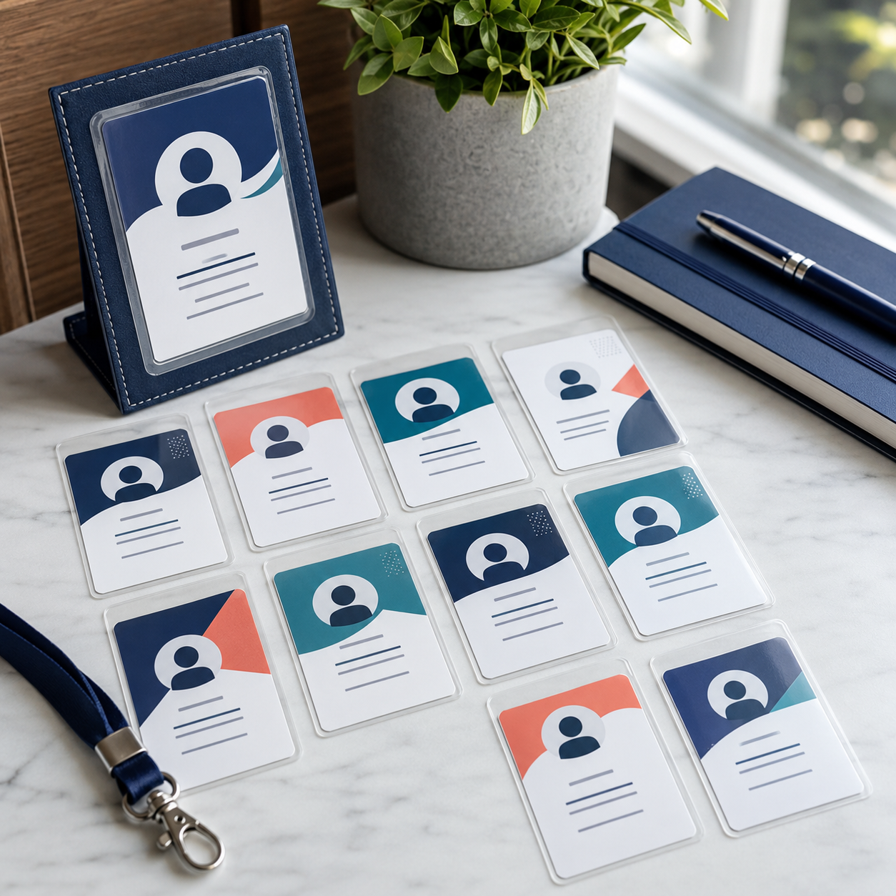 Laminated fictional ID cards arranged on a professional reception desk