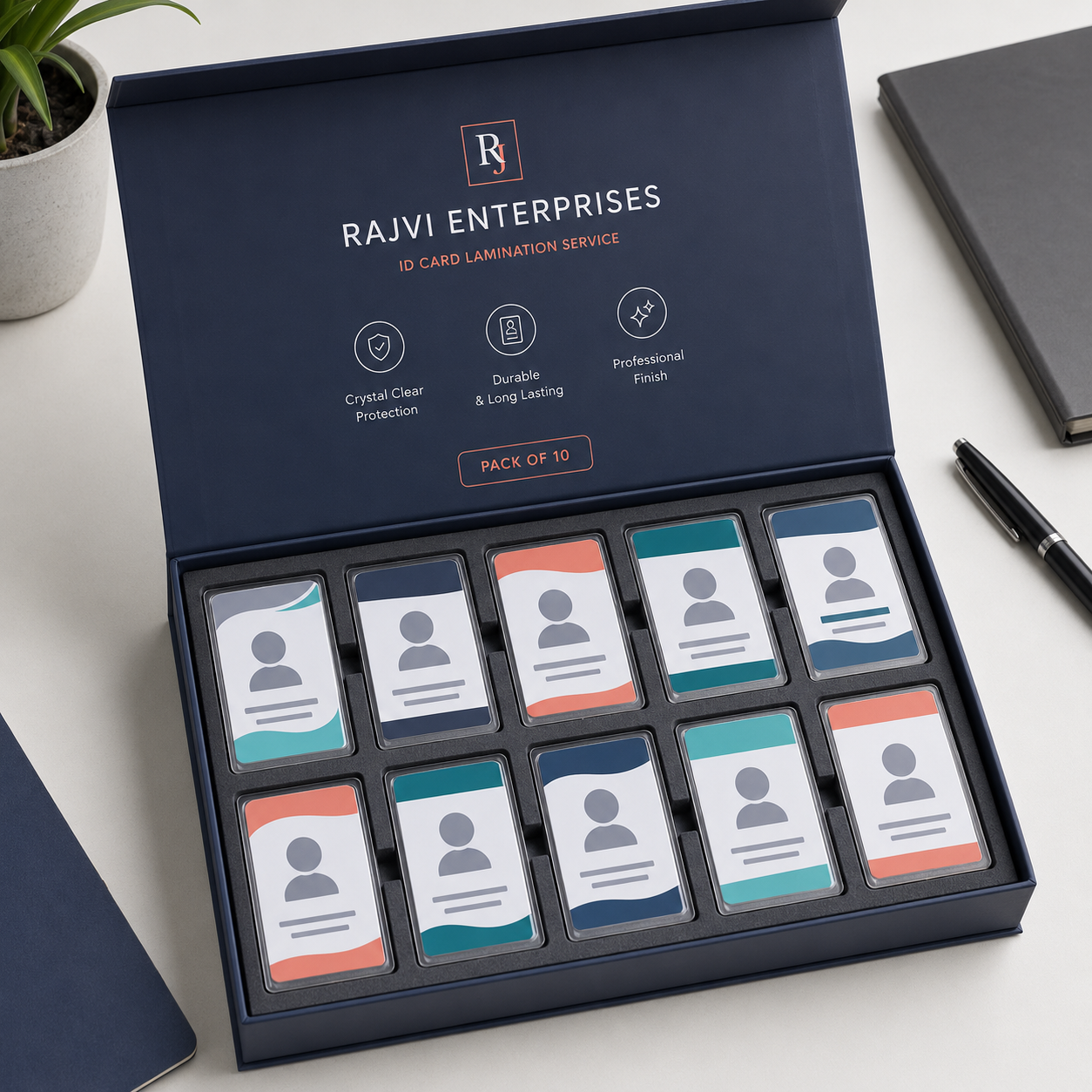 Premium protective packaging containing ten laminated fictional ID cards