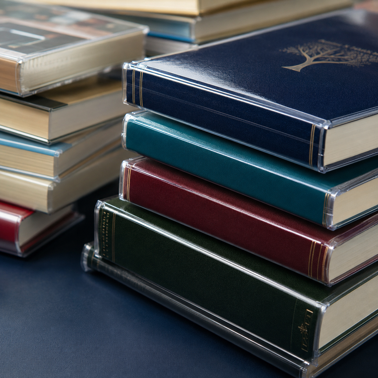 Close-up of sealed covers and reinforced corners on laminated library books
