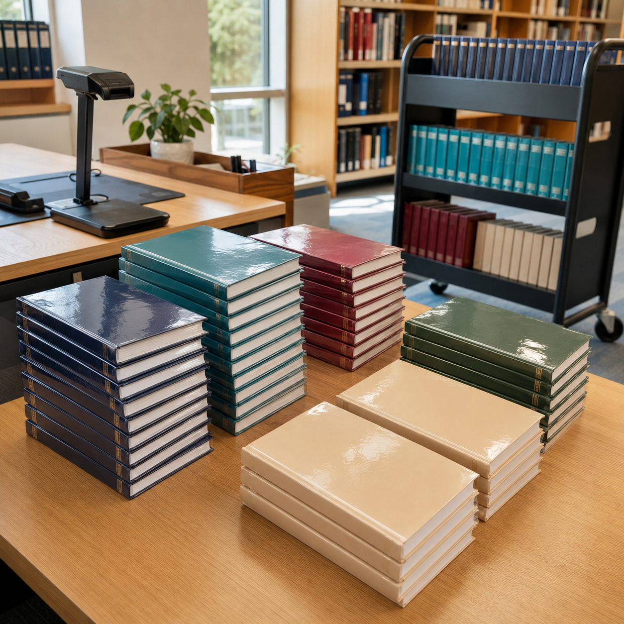 Bulk laminated books organized at a modern library processing desk