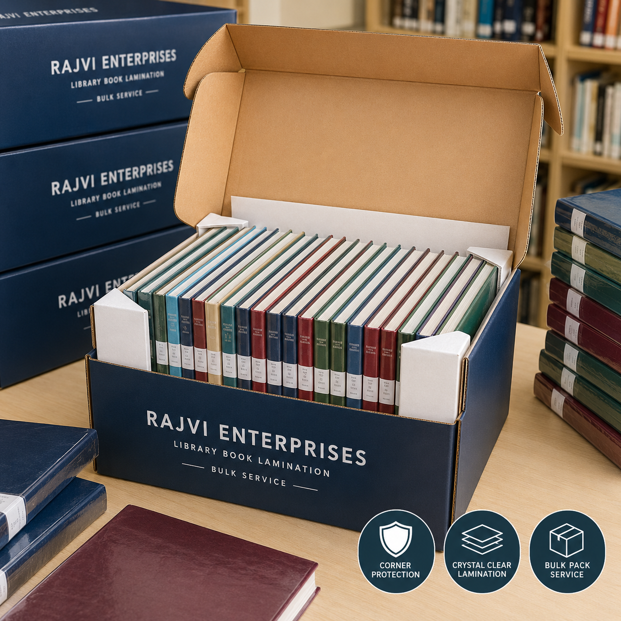 Protective bulk packaging containing laminated library books