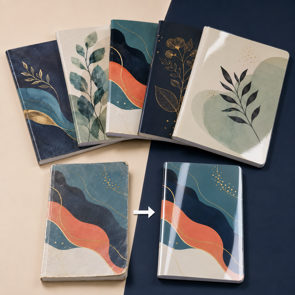 Before and after comparison of gloss notebook cover lamination