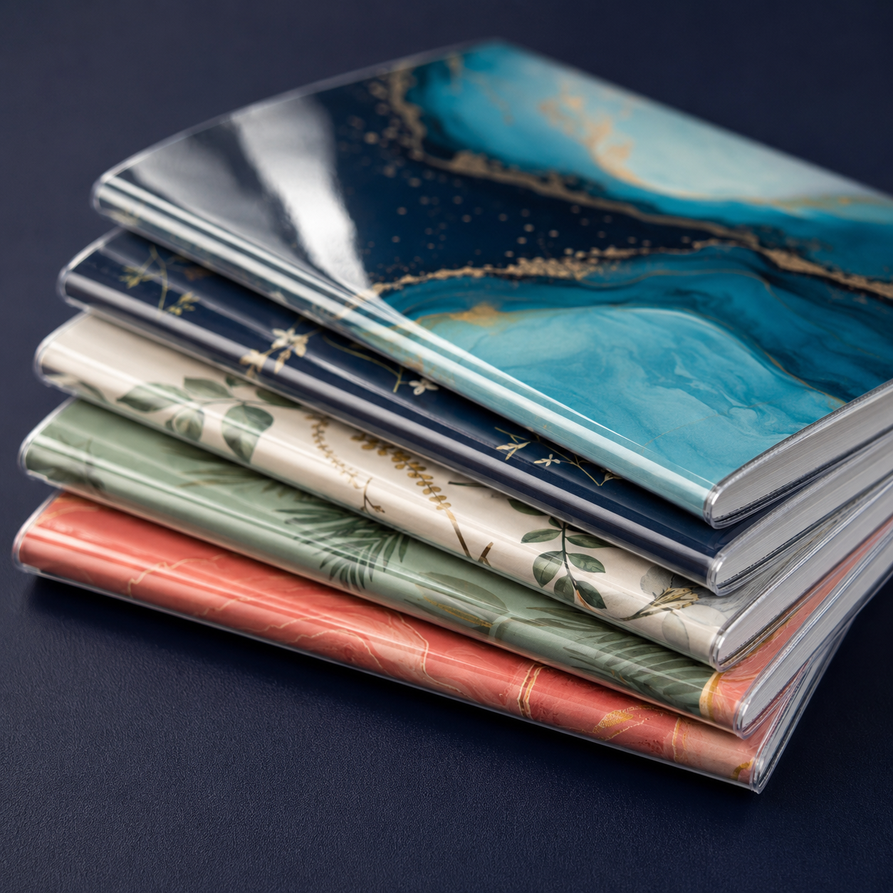 Close-up of reflective sealed edges on glossy laminated notebooks