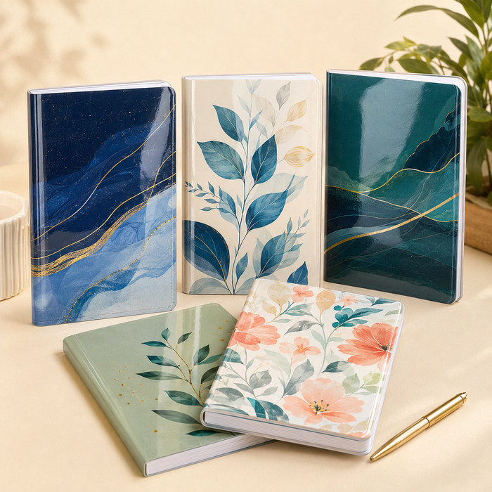 Five premium notebooks with high-gloss cover lamination