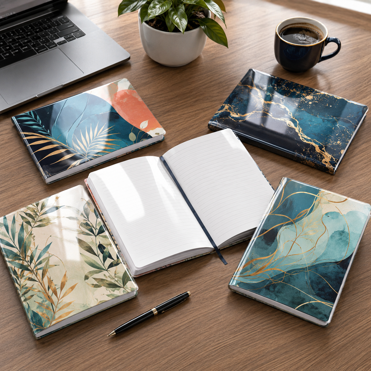Gloss laminated notebooks arranged in a modern workspace