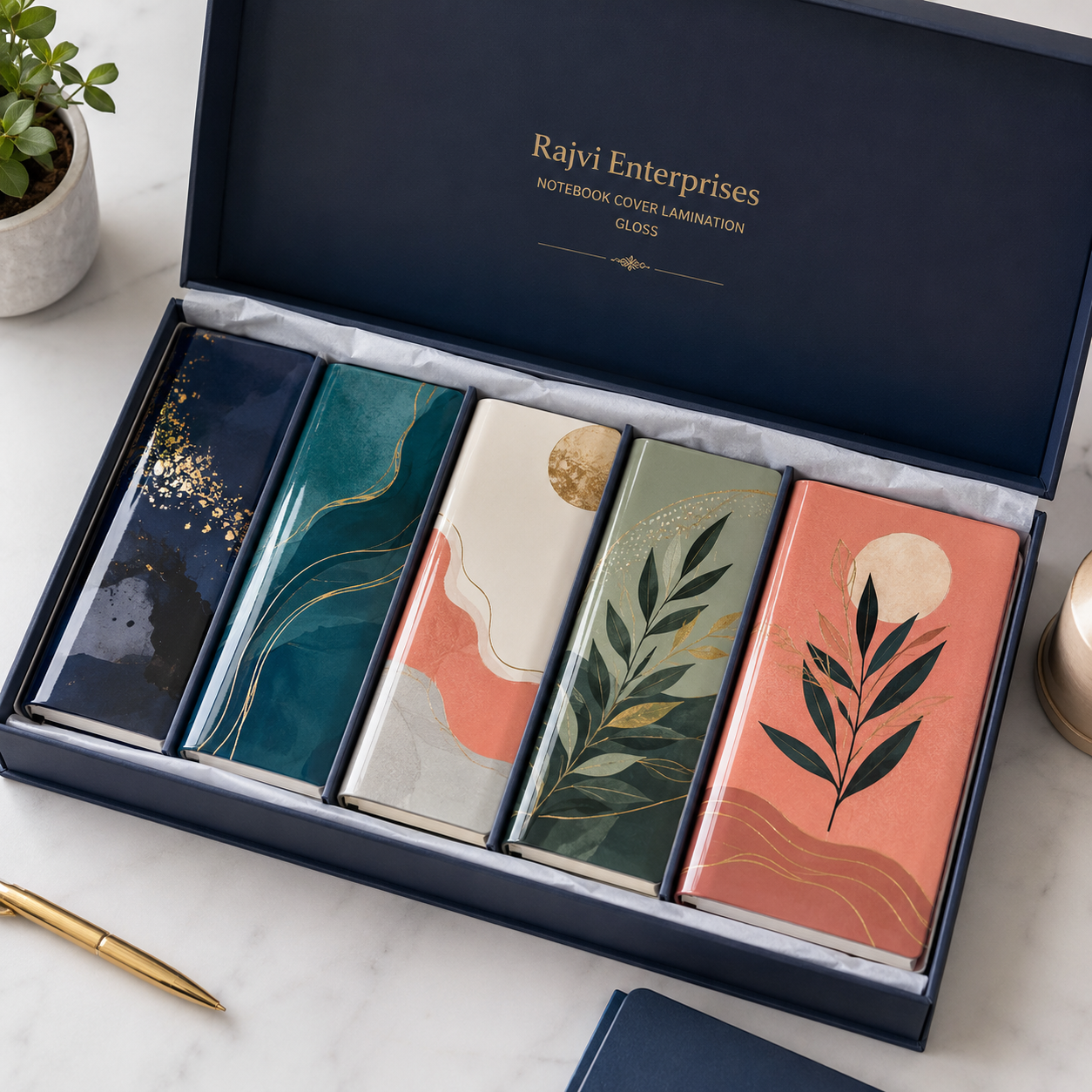 Premium packaging containing five gloss laminated notebooks