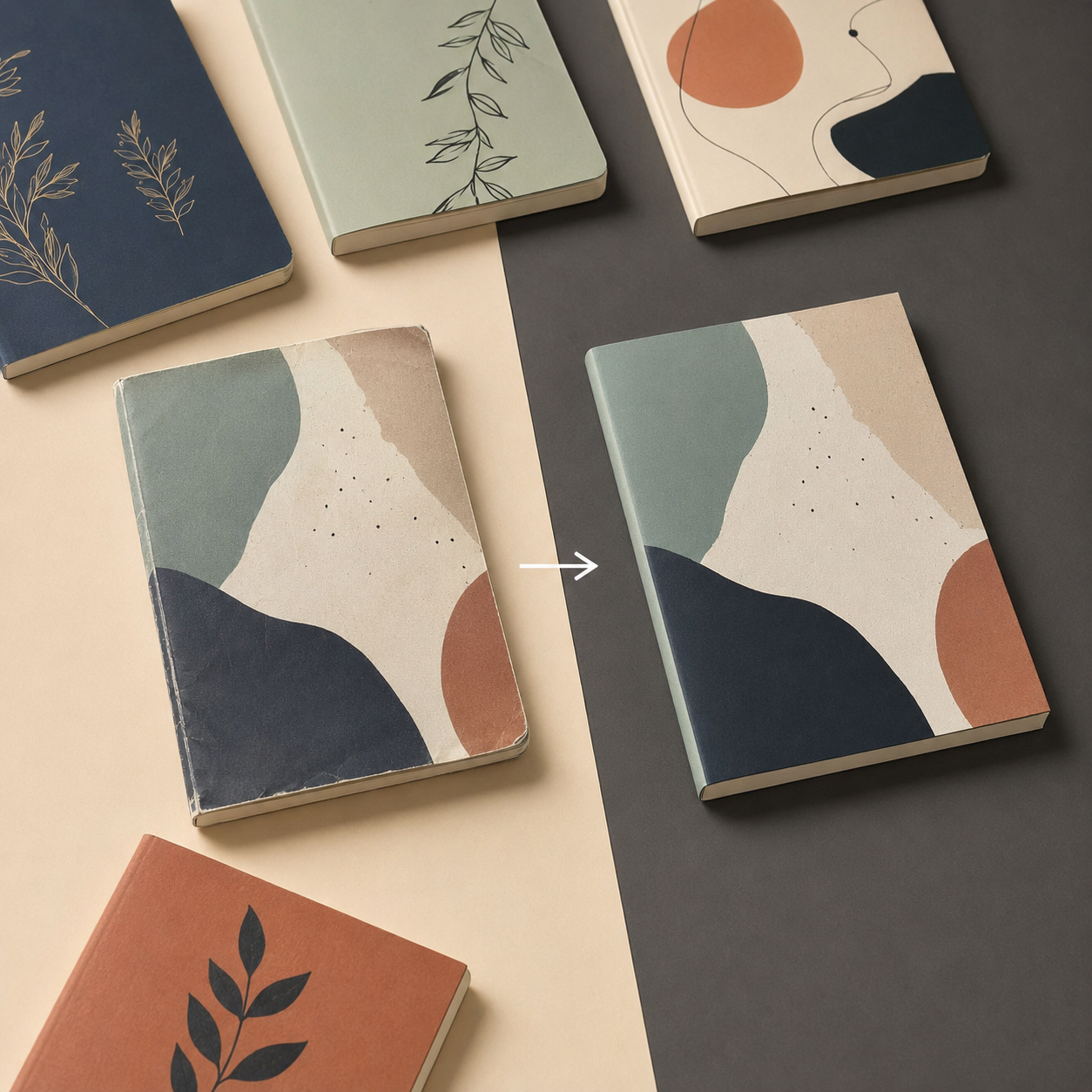 Before and after comparison of matte notebook cover lamination