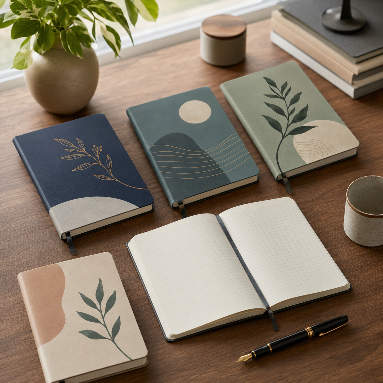 Matte laminated notebooks arranged in a calm minimalist workspace