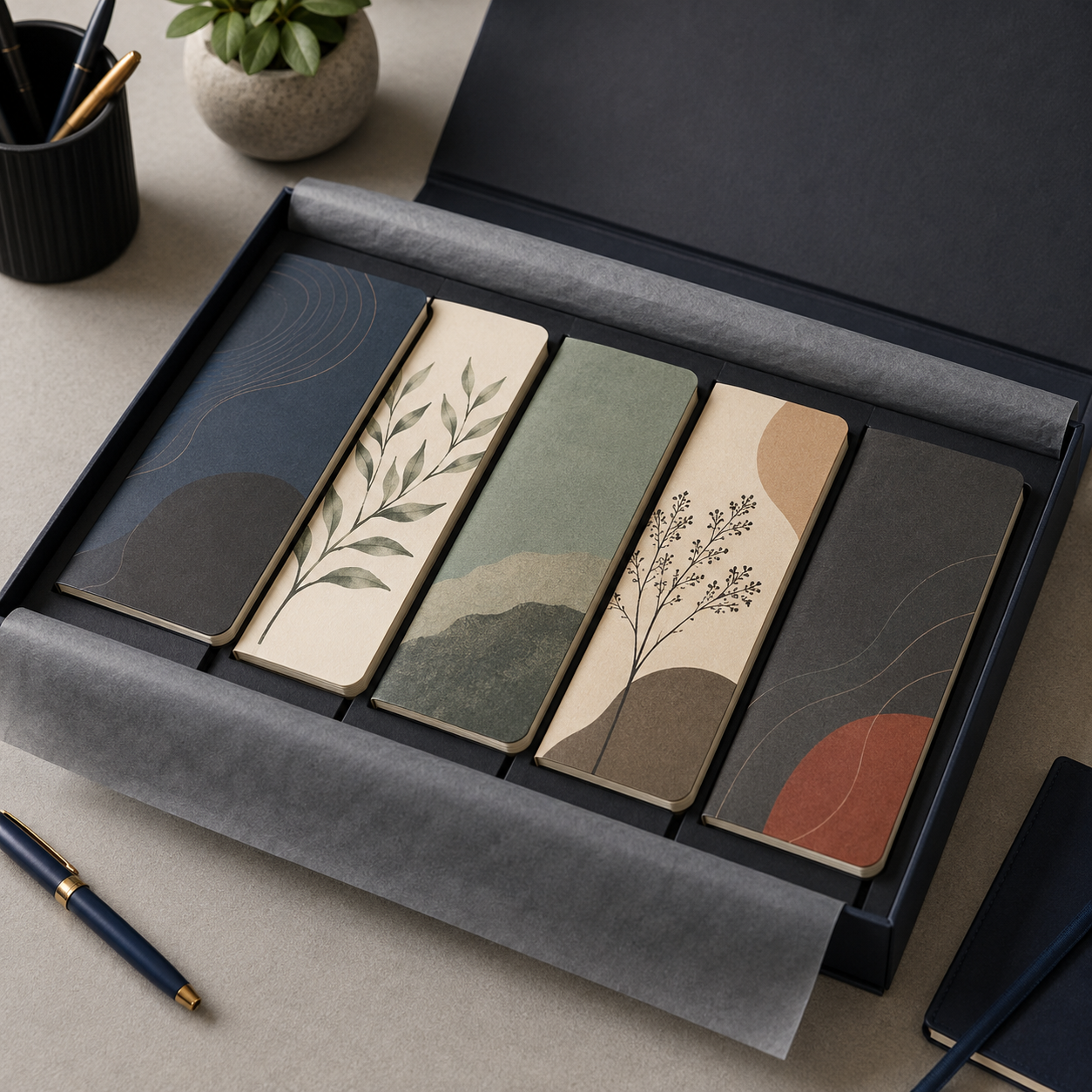 Premium packaging containing five matte laminated notebooks