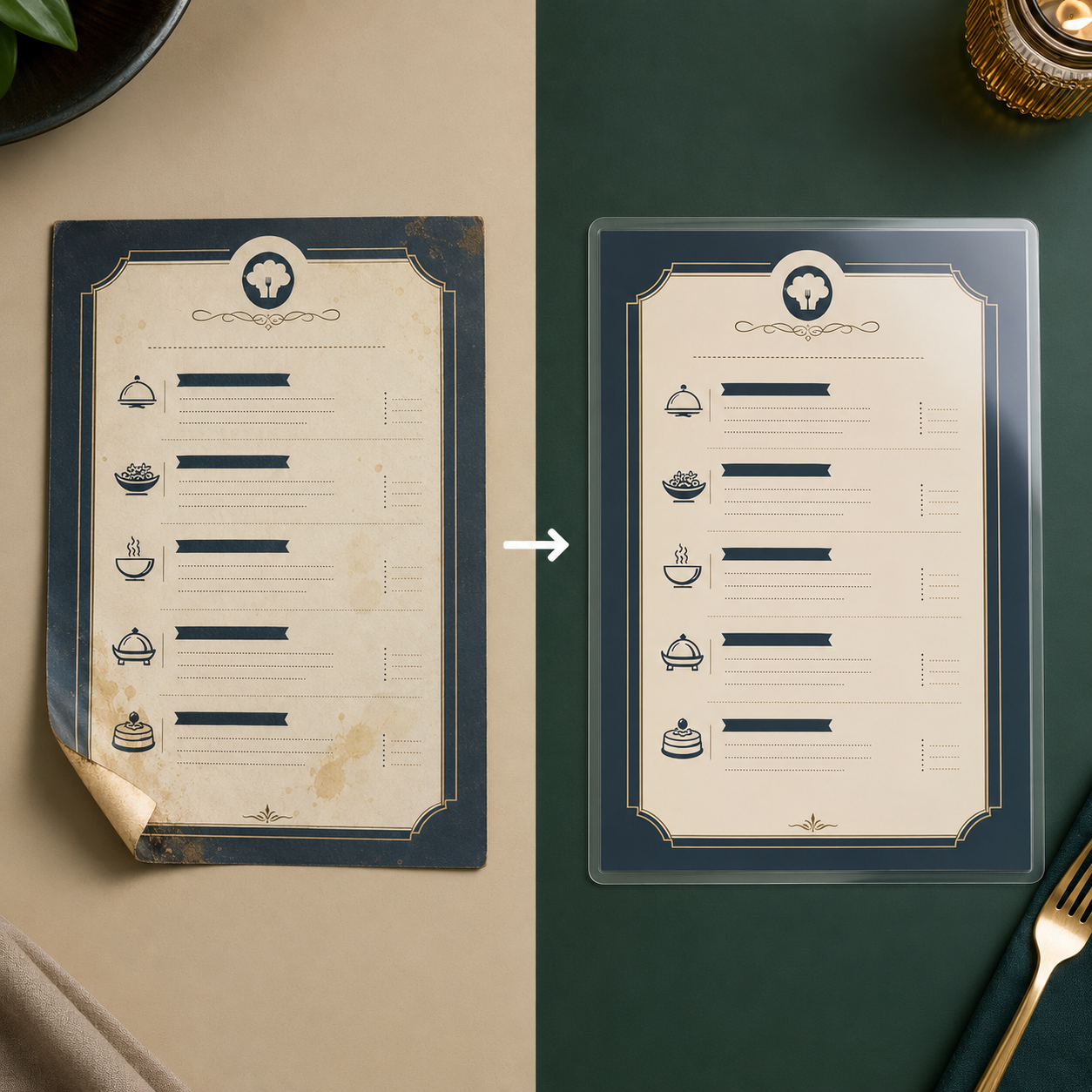 Before and after comparison of restaurant menu card lamination