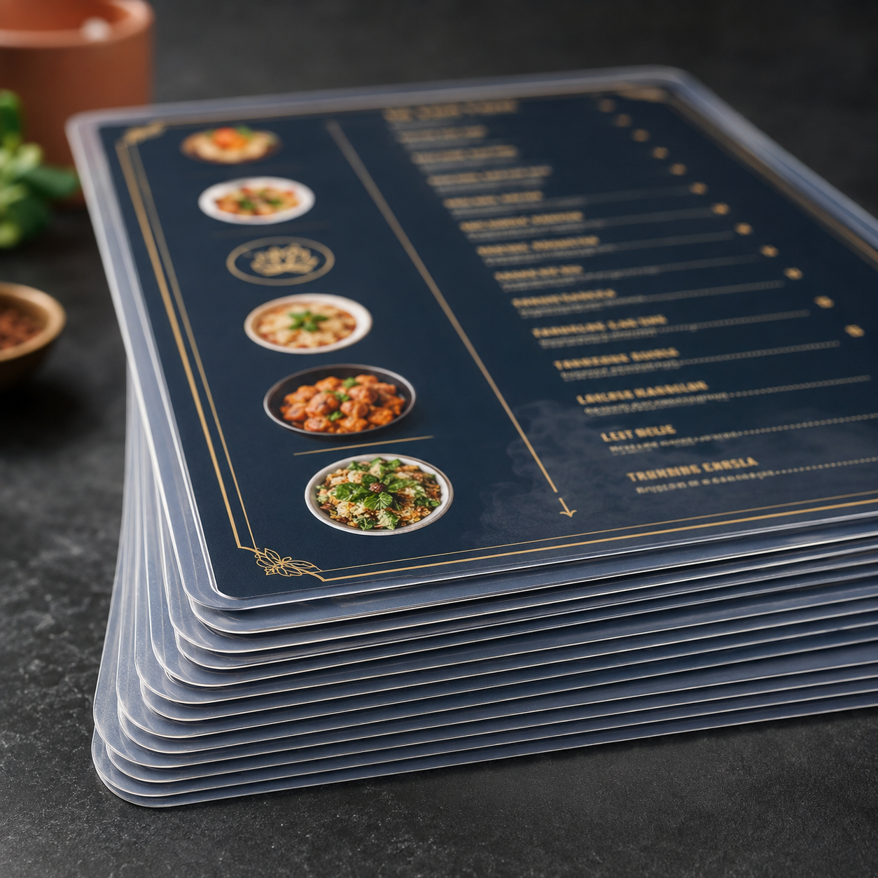 Close-up of rounded corners and sealed laminated menu card edges