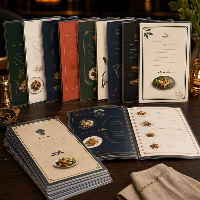 Ten elegant restaurant menu cards with clear easy-clean lamination