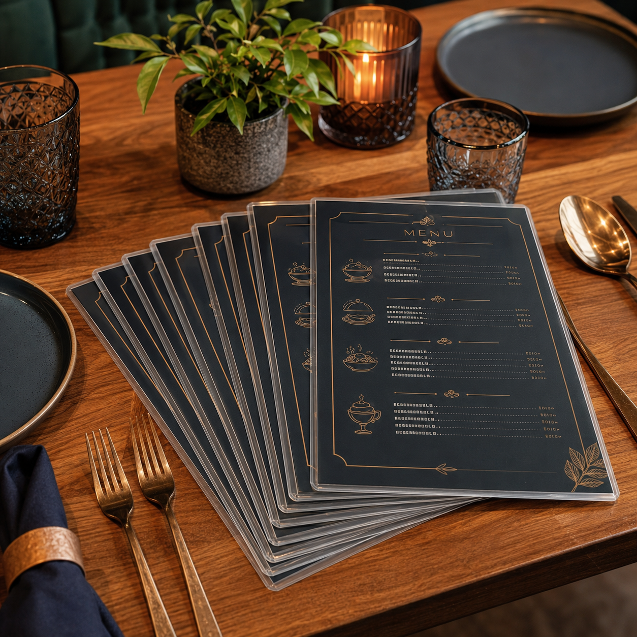 Laminated menu cards arranged on a refined restaurant table
