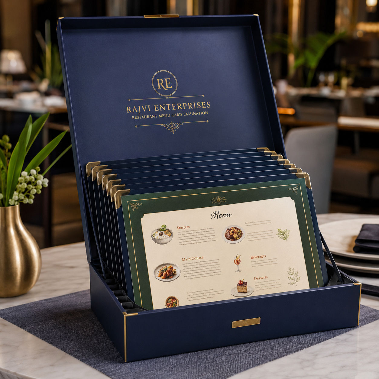 Premium hospitality packaging containing ten laminated menu cards