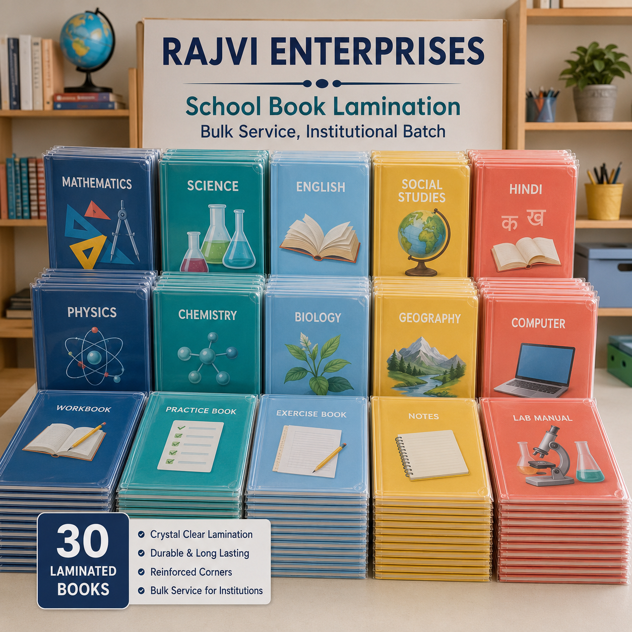 Close-up of sealed covers and reinforced corners on laminated school books