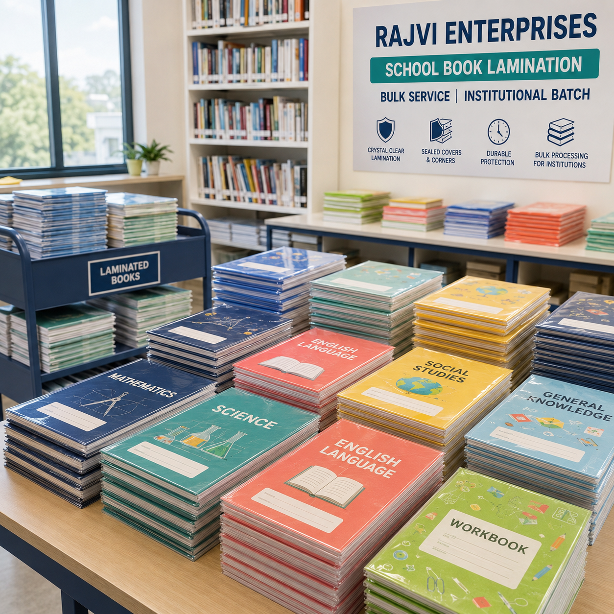 Bulk laminated school books organized in a modern processing room