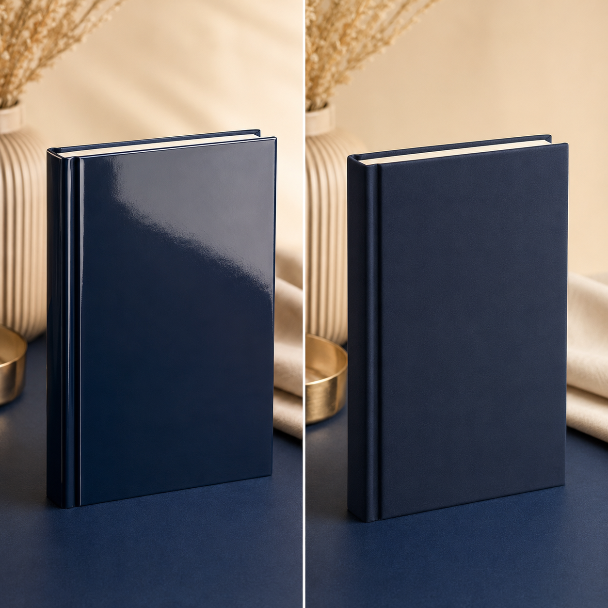 Glossy untreated book compared with a refined soft-touch matte laminated book